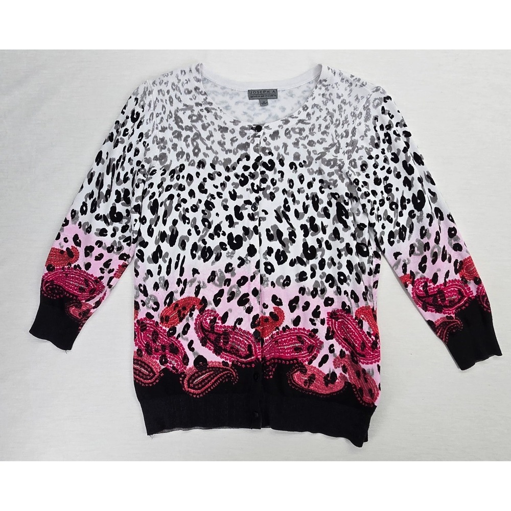 Joseph A Cardigan Women M Pink Animal Paisley Print 3/4 Sleeve Knit Sweater